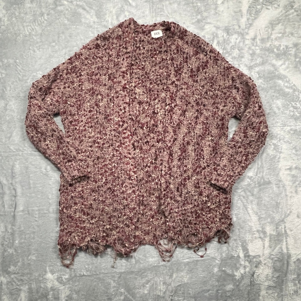 BKE Cardigan Women XS Burgundy Popcorn Knit Distressed Fringe Open Front Sweater